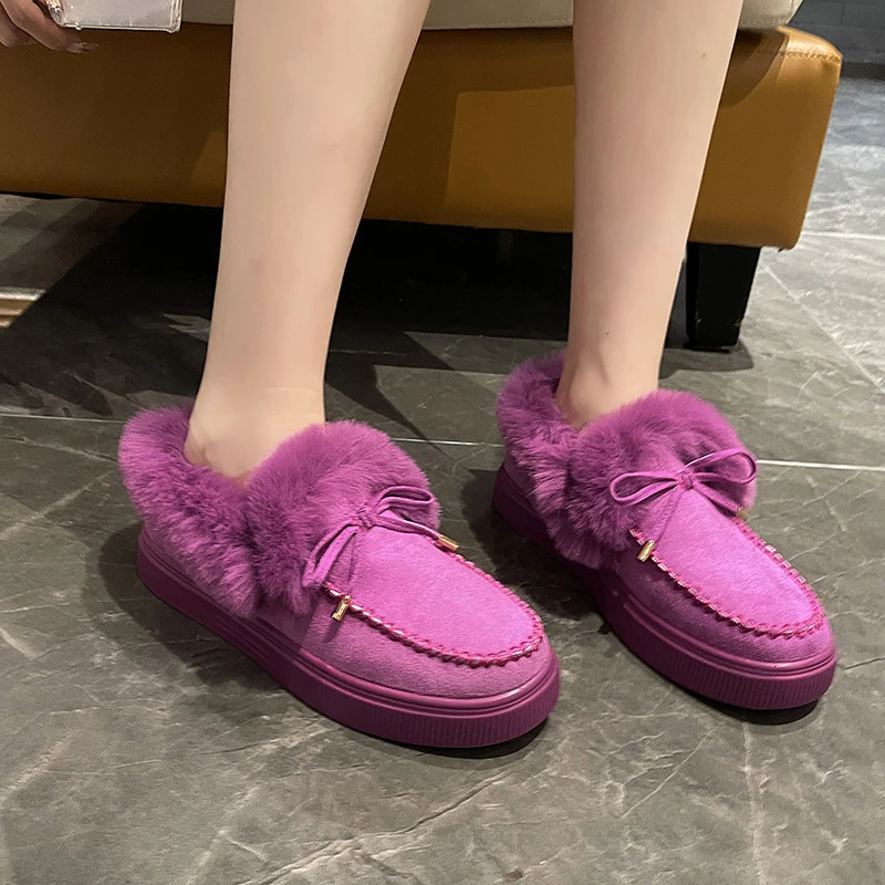 Furry Snow Boots Women Ankle Boots Platforms Casual Slip-on Flat Shoes Comfortable Plus Size Low Price Low Cut Solid Purple