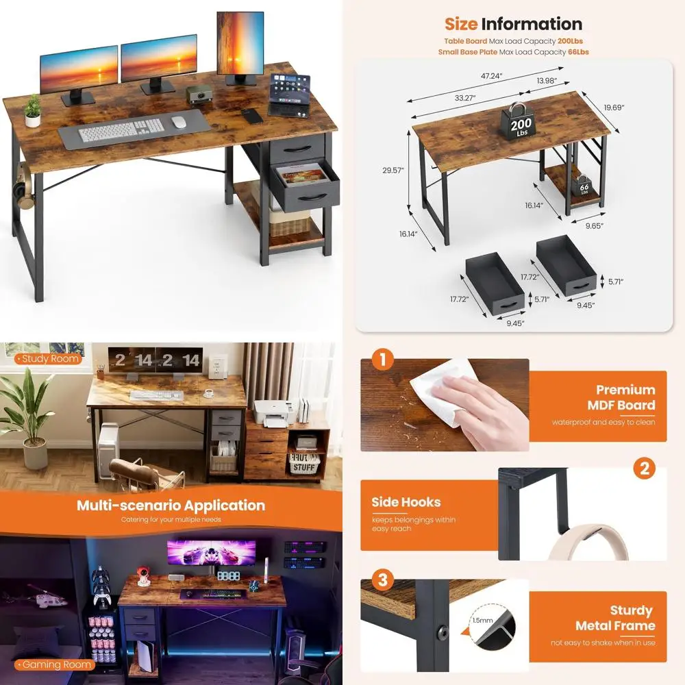 

Стол для домашнего офиса в деревенском стиле 48 с выдвижными ящиками и X-образной рамой, регулируемый деревянный письменный стол с боковым крючком