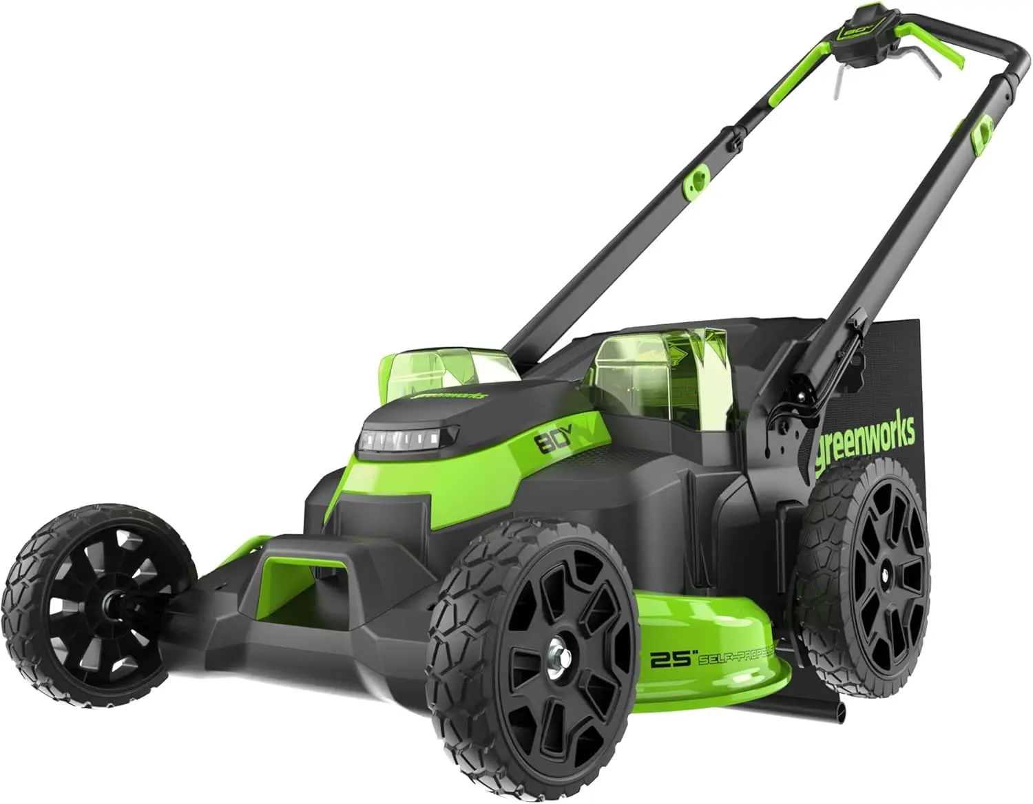 

80V 25" Brushless Cordless (Self-Propelled) Dual Blade Lawn Mower (LED Headlight + Aluminum Handles), Battery And Charger