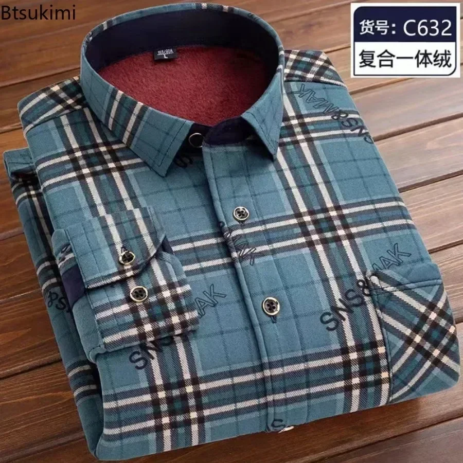 2024 Men\'s Winter Casual Warm Plaid Shirts Long Sleeve Thick Fleece Oversized Dress Shirts Male Club Party Evening Shirts Male