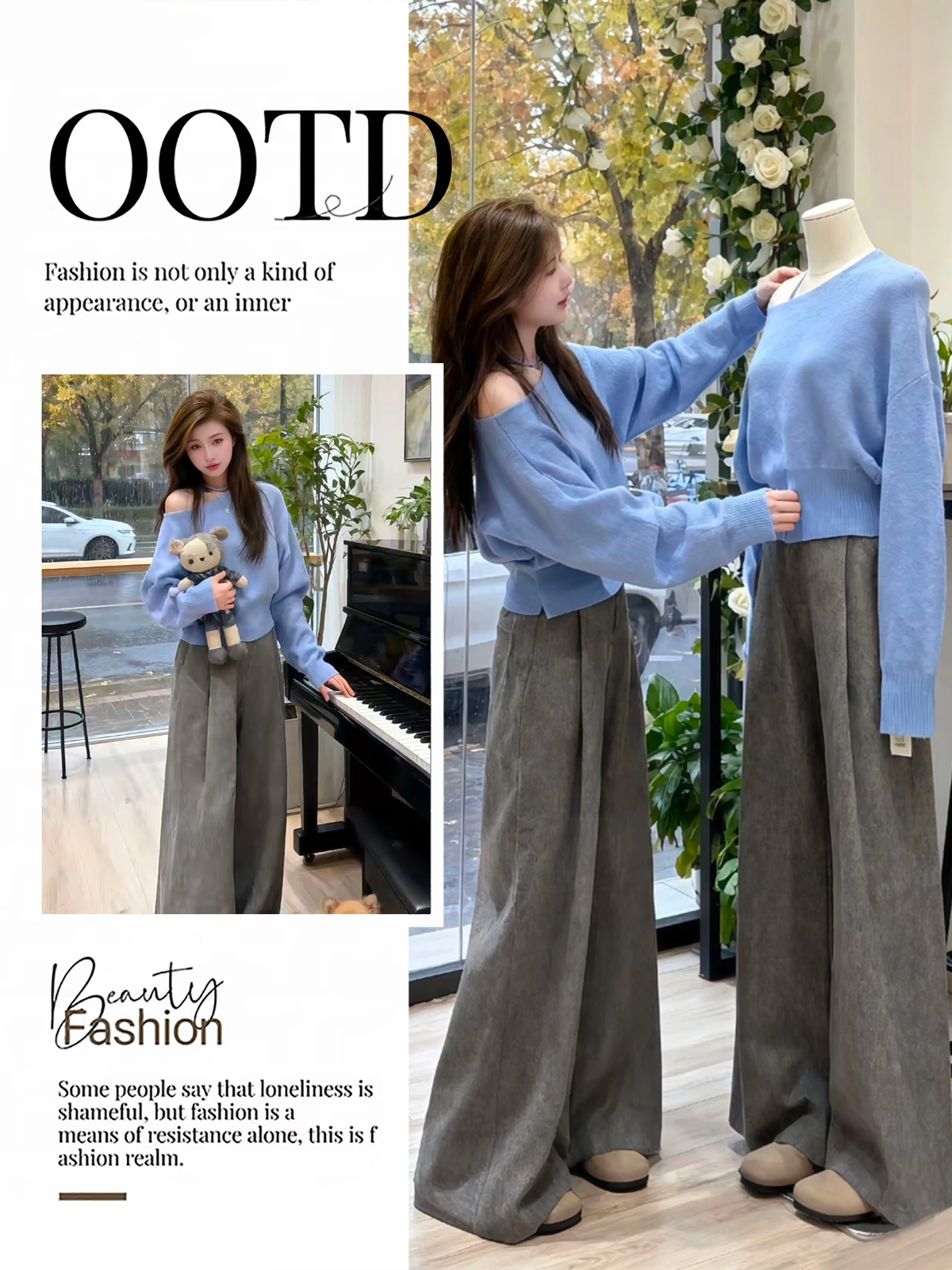 

Корейский зимний вязаный комплект: топ с открытыми плечами и широкие брюки с боковым воротником, женский повседневный модный костюм, длинный рукав, осенне-зимний...