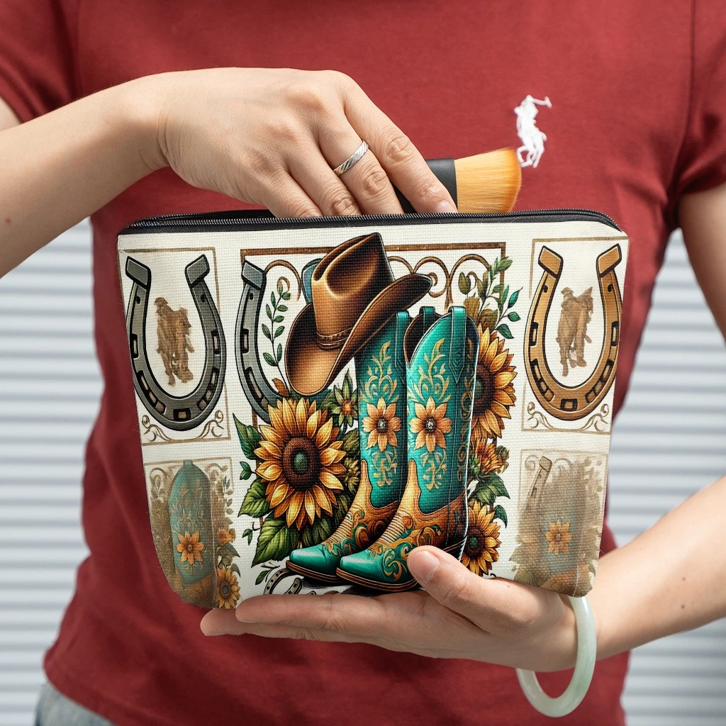 Cowboy Boots Hat Sunflowers Horseshoe, Stylish Zippered Cosmetic Bag, Suitable for Travel and Daily Use Storage Bag