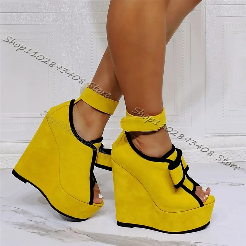 Yellow Flock Hook Sandals Bow Knot Decor Wedges Heels Peep Toe Cover Heel Shoes Women Summer Big Size Sandals Zapatillas Mujer