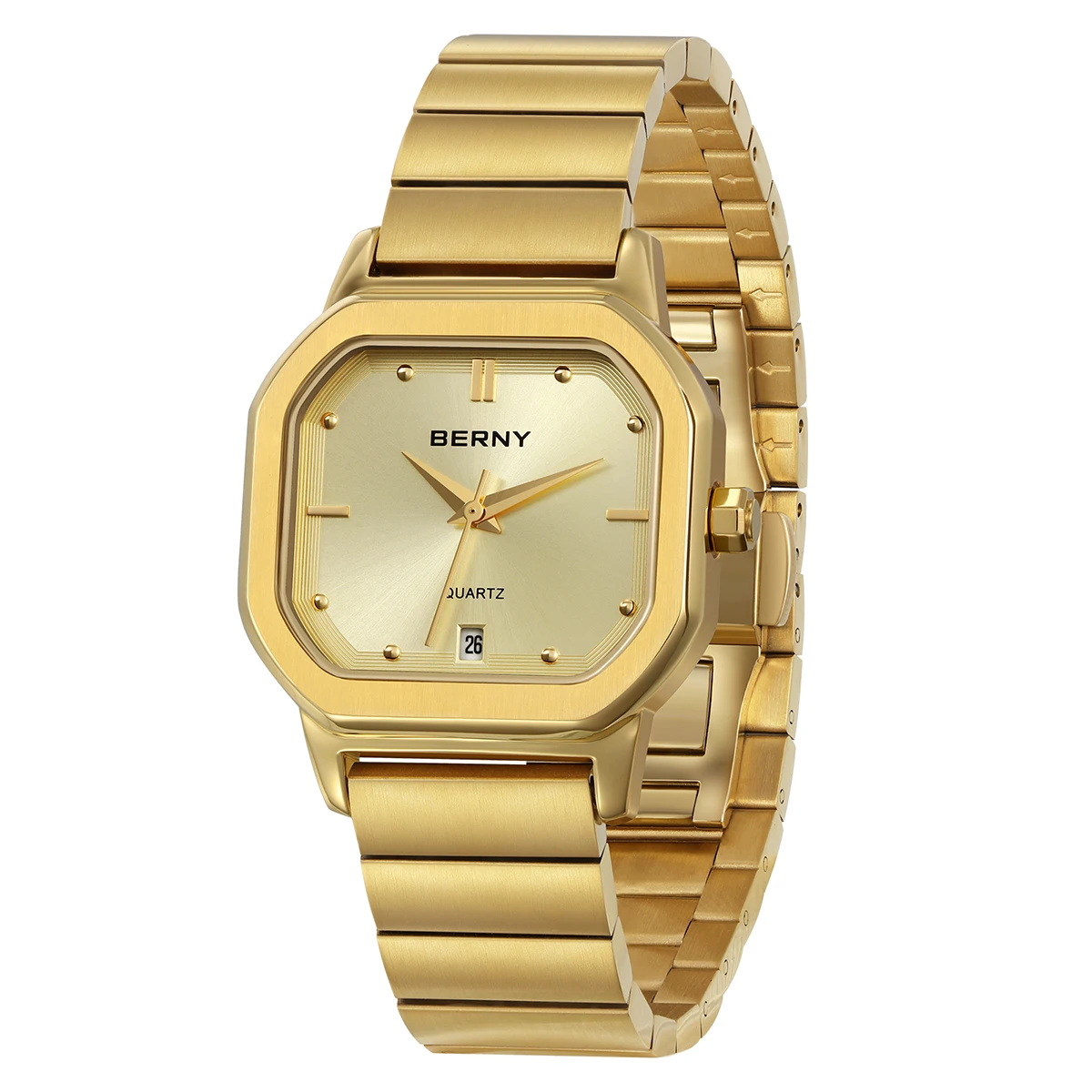 BERNY Golden Watches for Men Gold Classic Square Quartz Men's Watch Full Stainless Steel Stylish Waterproof Wristwatch