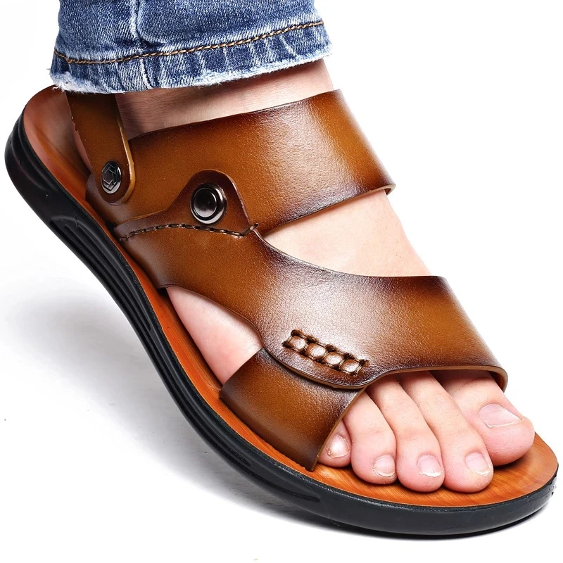 Sandals Summer Men New Fashion Men Slide Slippers Outdoor Genuine Leather Non-slip Shoes Beach Slip-On Sandals Travel Slippers