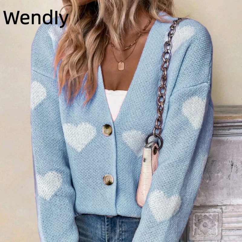

Ladies Love Heart V-neck Knit Cardigan 2026 Spring Autumn Baggy Loose Long Sleeve Sweaters Jumpers Casual Streetwear Outerwear