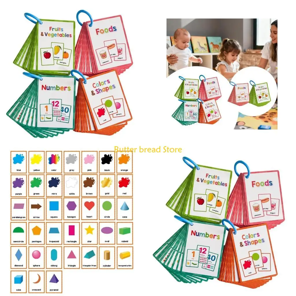 W89C Educational Vocabulary Card Fruits Vegetables Shapes Color Numbers Study Flashcards Kids Early Learning Word Cards
