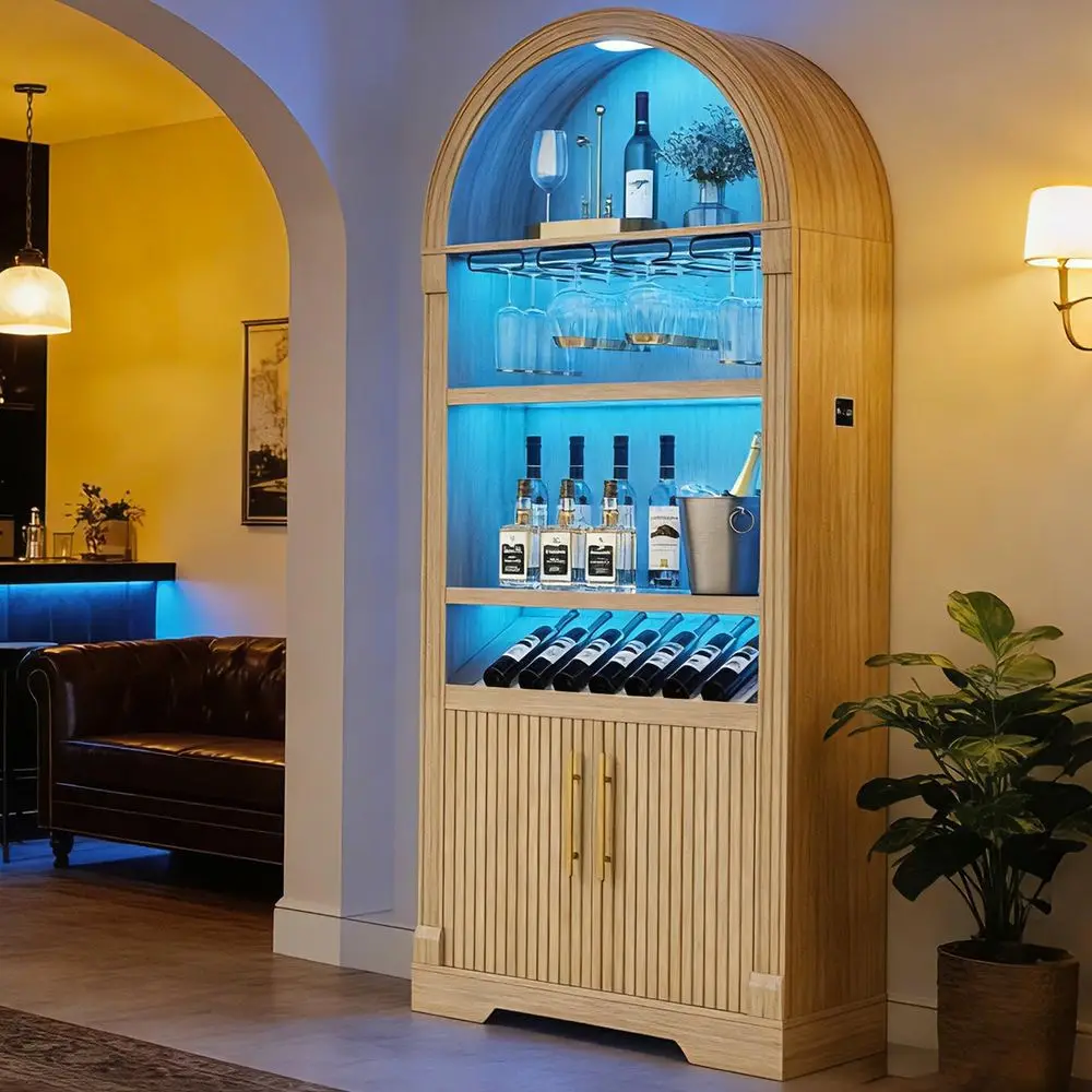 

Tall Arched Wine Bar Cabinet with LED Light amp Human Sensor, Fluted Coffee Bar Cabinets with Stemware Rack, Kitchen Pantry Cup
