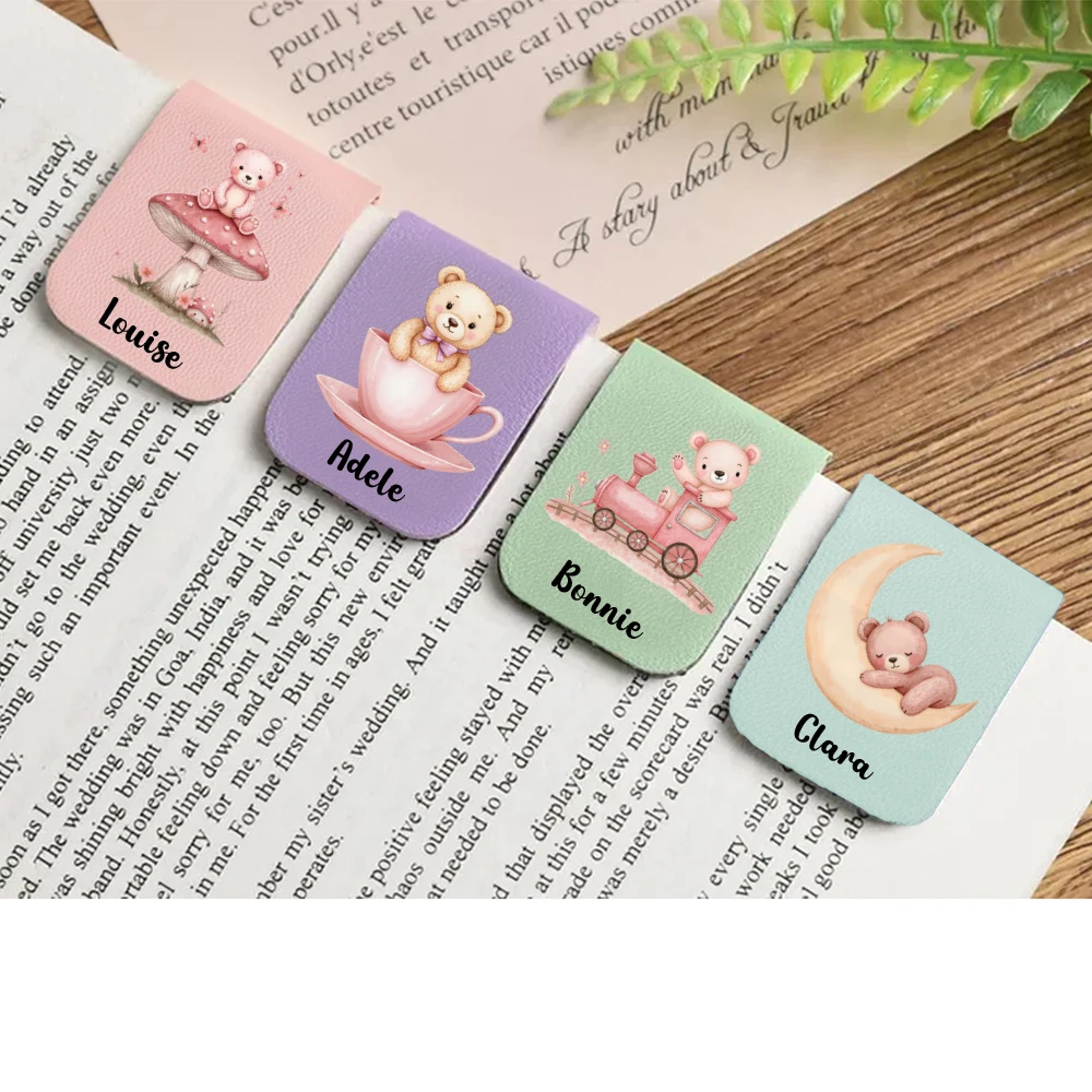 1pc Name Bookmark with cute bear ,Custom Leather cute bear Bookmark,Personalized Magnetic Bookmark,Book Lover Birthday Gift