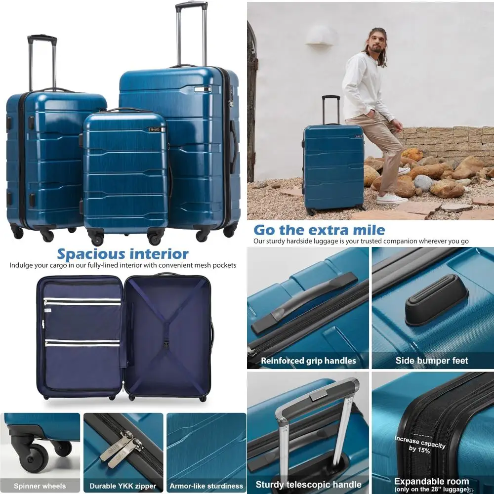 

Expandable 3 Piece Spinner Luggage Set in Caribbean Blue - 20, 24, 28 Inch PC+ABS Suitcases for Travel