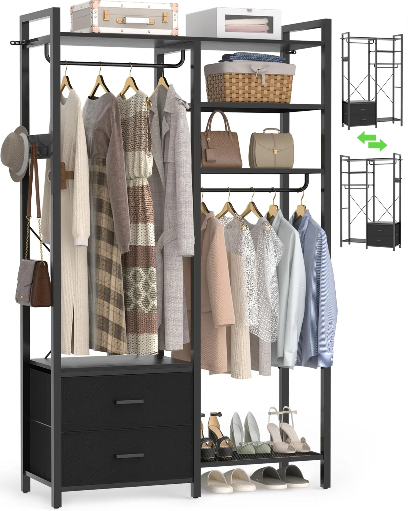78.7'' Clothes Rack for Hanging Clothes - Reversible Clothing Rack with 2 Drawers, Heavy Duty Garment Racks with