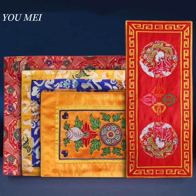 Nepal Home Ritual Mat,Offering Sacrifices Vajra and Hand Drum Pad Handcrafted Embroidered Dharma Wheel Symbols Decorative Piece