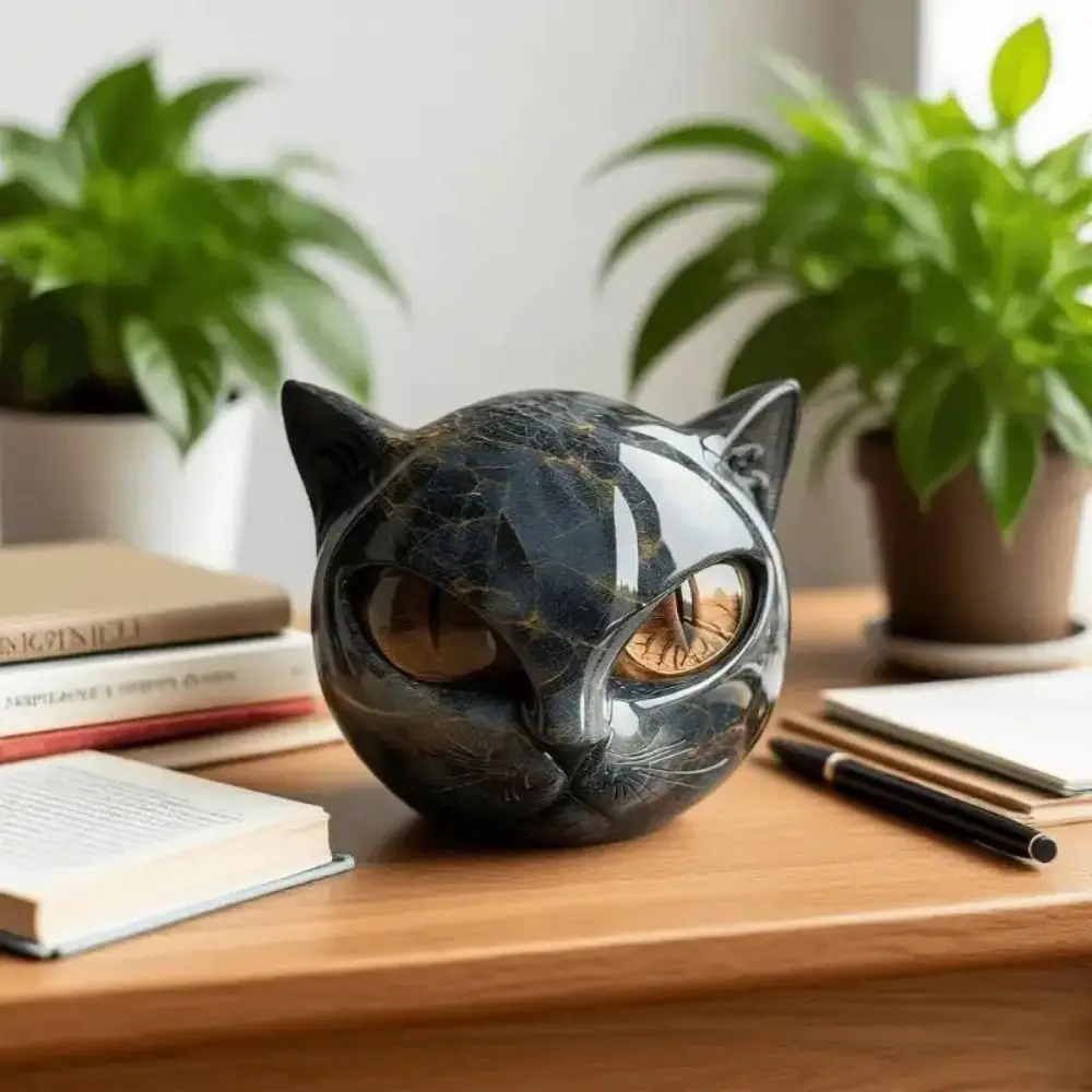 Amber Eyes Black Cat Stone Figurine Marble Texture Resin Luxury Marble Texture Obsidian Black Crystal Healing
