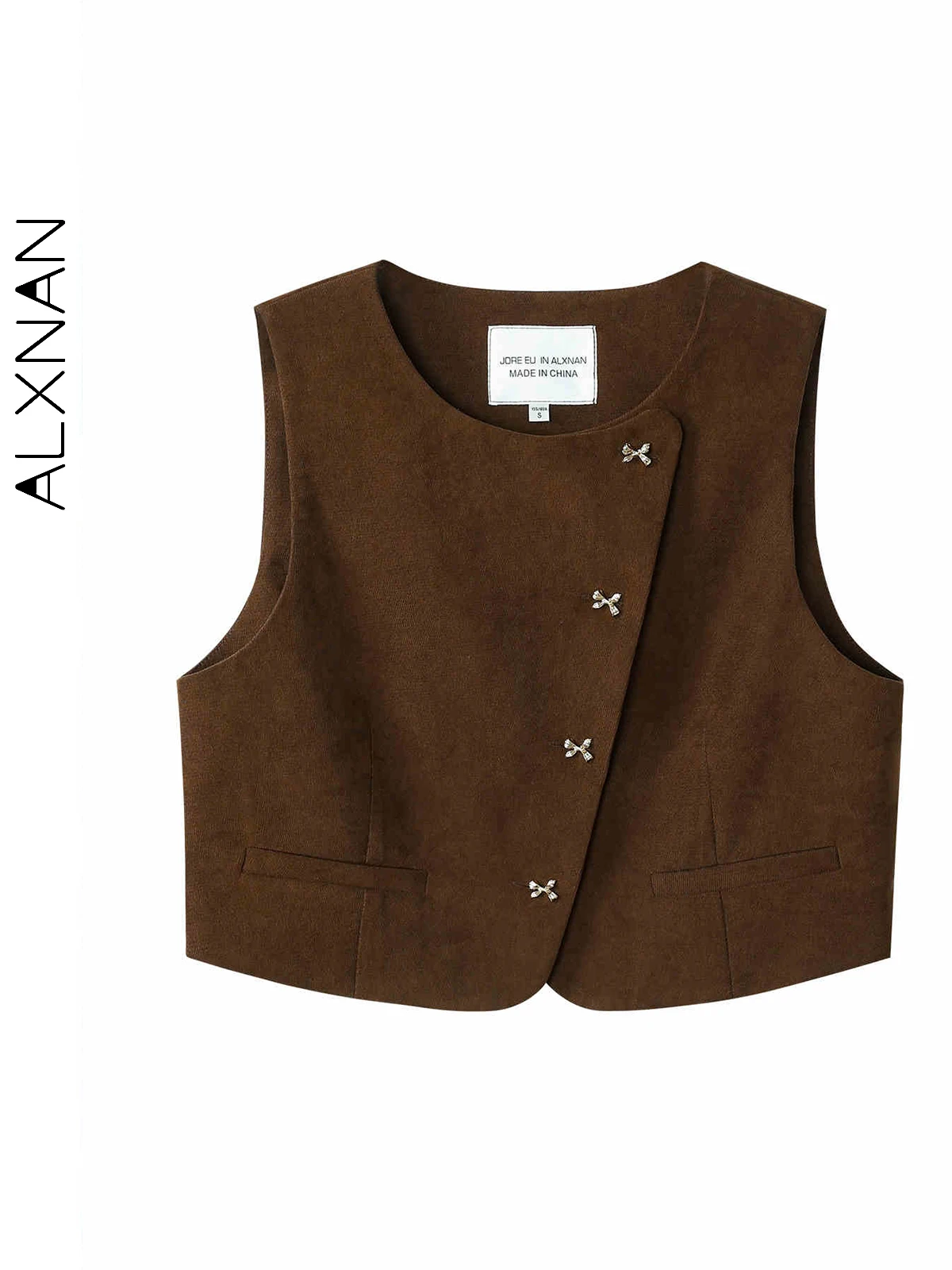ALXNAN Gilet da donna Vintage Unico Bottoni con fiocco O-Collo Gilet versatile Autunno Stratificazione Casual Viaggi Pendolarismo Gilet QYM002327
