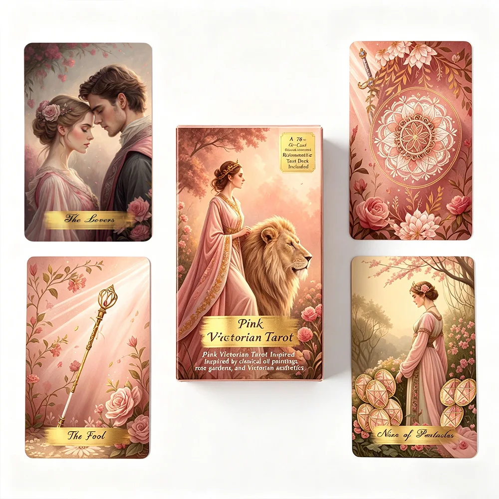 Pink Victorian Tarot Cards, 78-card deck with guidebook, romantic oil painting style, suitable for meditation and divination