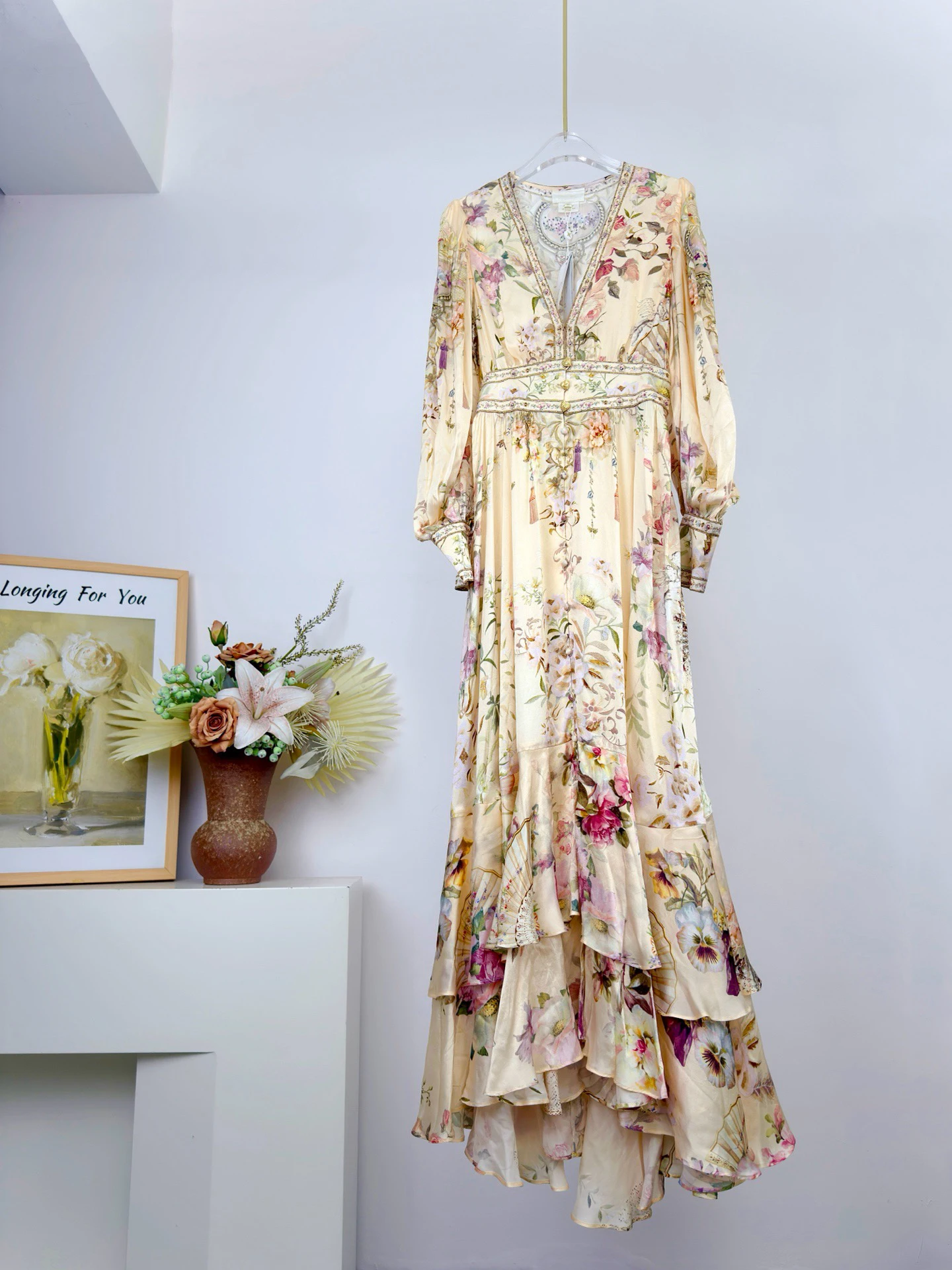 

100% Real Silk Elegant Floral Printed Satin Maxi Dress Women V-Neck Long Sleeve Tiered High Low Hem Cocktail Party Dress Luxury