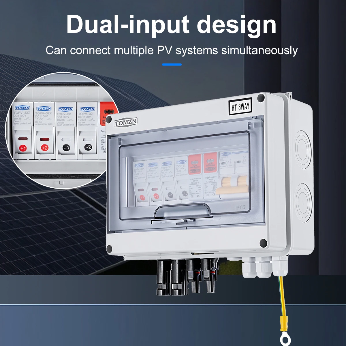 TOMZN Solar Photovoltaic PV Combiner Box Lightning Protection 2 Input 1 Output DC 600V Fuse MCB New Type SPD Waterproof Box IP65