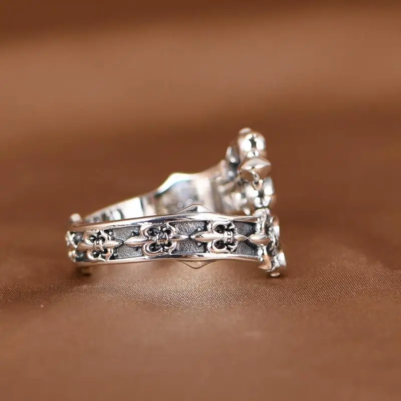 S925 sterling silver niche style open boat anchor ring flower-de-Luce crusader flower hip hop trend personality ring bracelet