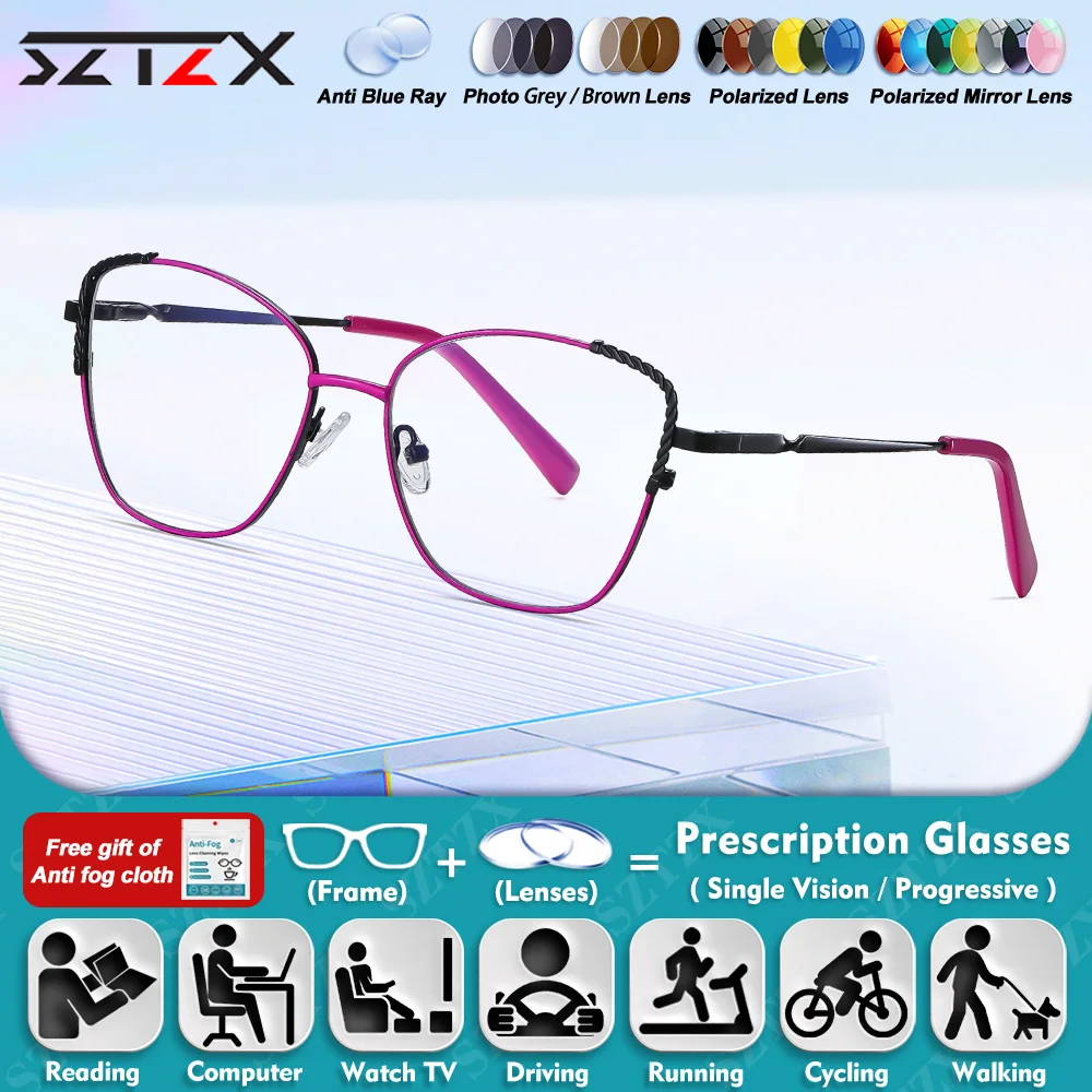 

SZTZX Minimalist Cat Eye Frame Myopia Prescription Office Glasses Lady Literary Anti Blue Ray Photochromic Multifocal Eyeglasses