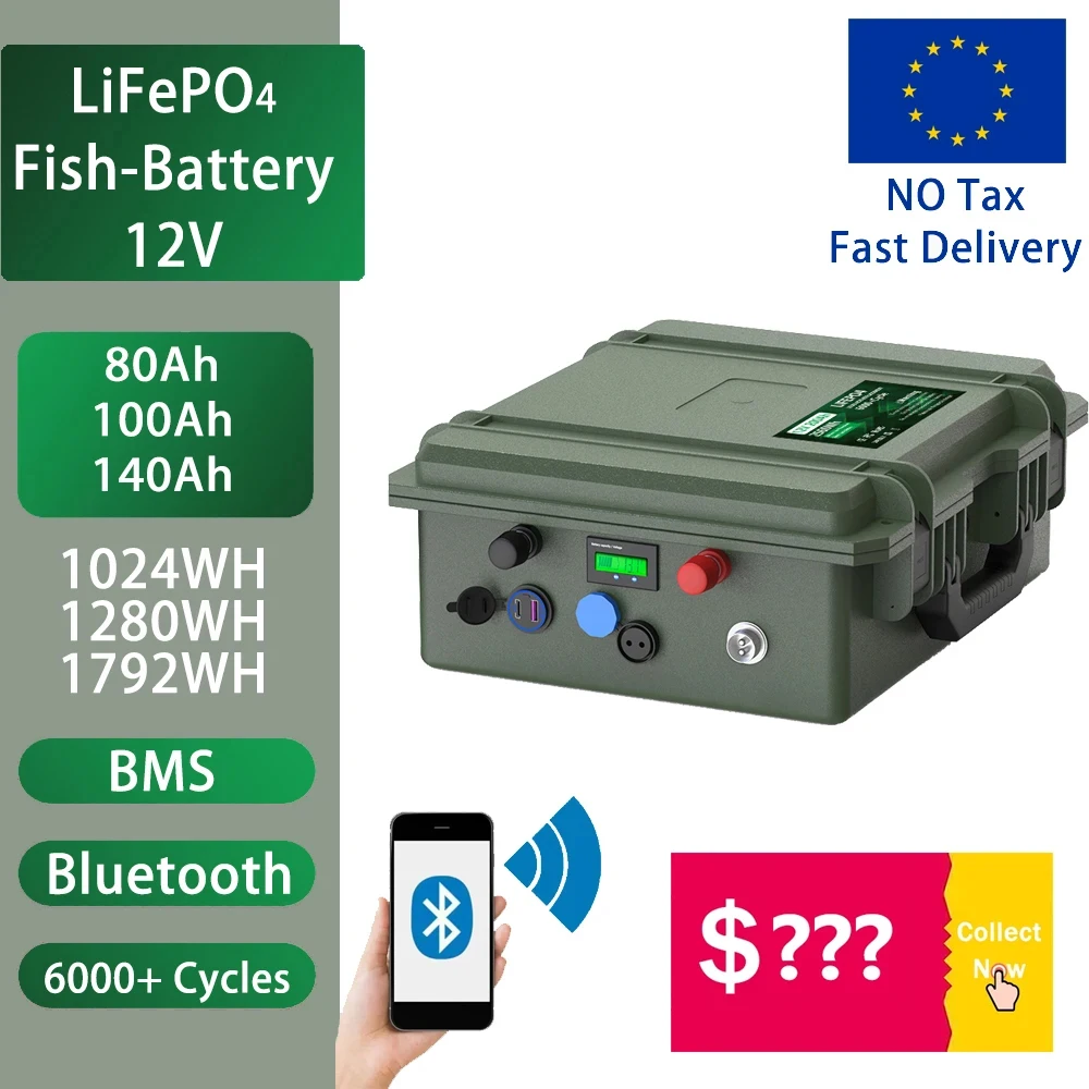 LiFePO4 12V 140Ah 100Ah 80Ah Battery 1.8Kwh Bluetooth BMS 12.8V 6000+ Cycles Waterproof Lithium Cells For Fishing No Tax