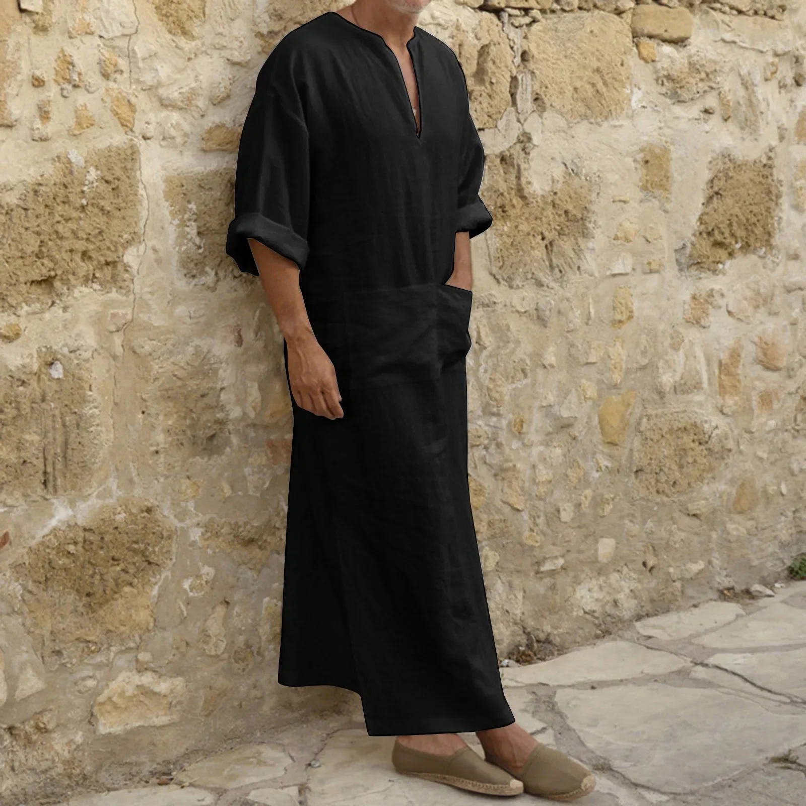 Robe de Style Musulman pour Homme, Simple, Solide, Assressentiavec Tout, Petit Col en V, Lin Jubba, Thobe Confortable à Manches Courtes, Nouvelle Collection