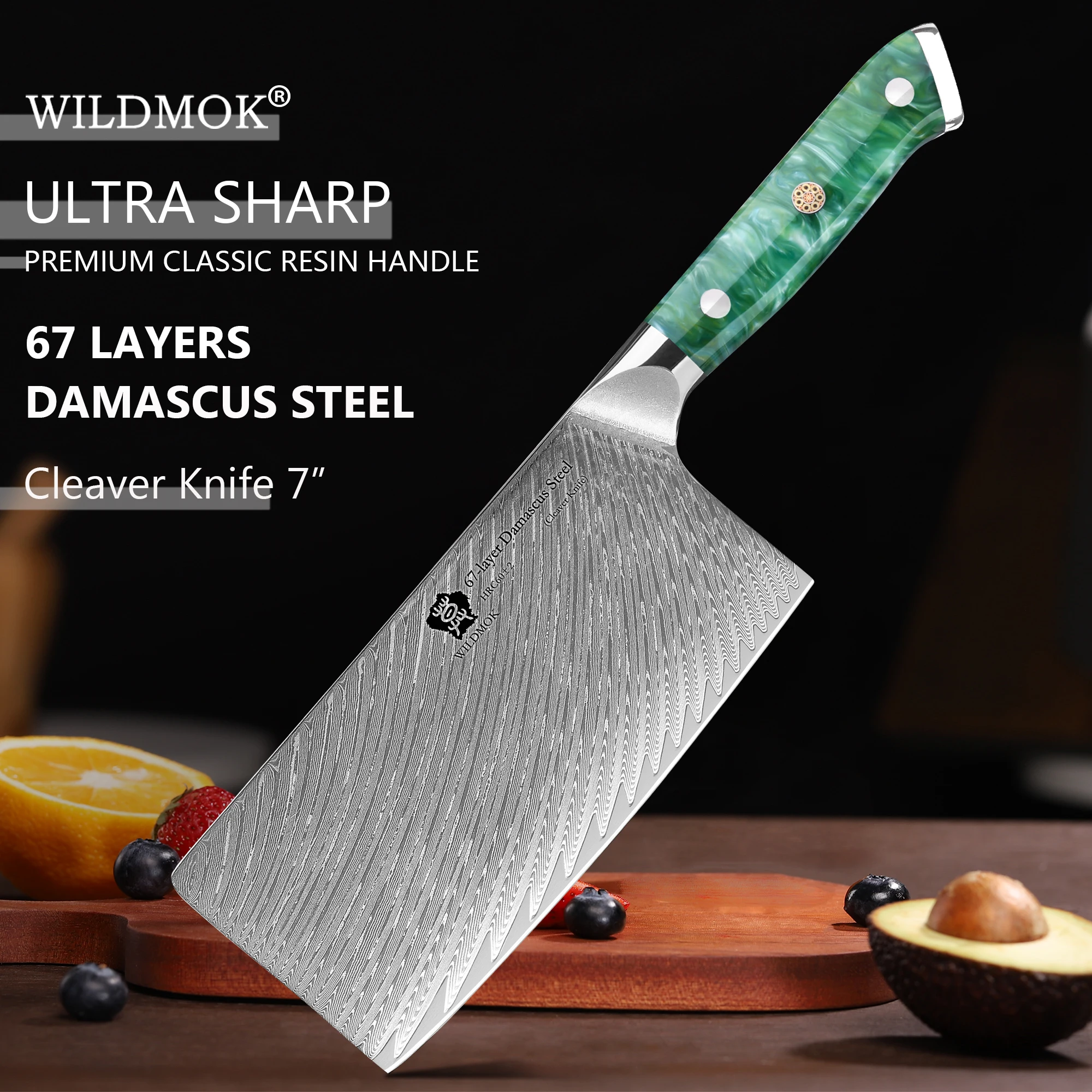 WILDMOK Meat Cleaver Knife, 7 Inch Damascus VG10 Steel Knife, Professional Kitchen Knife with Silver Ion Blade Resin Handle