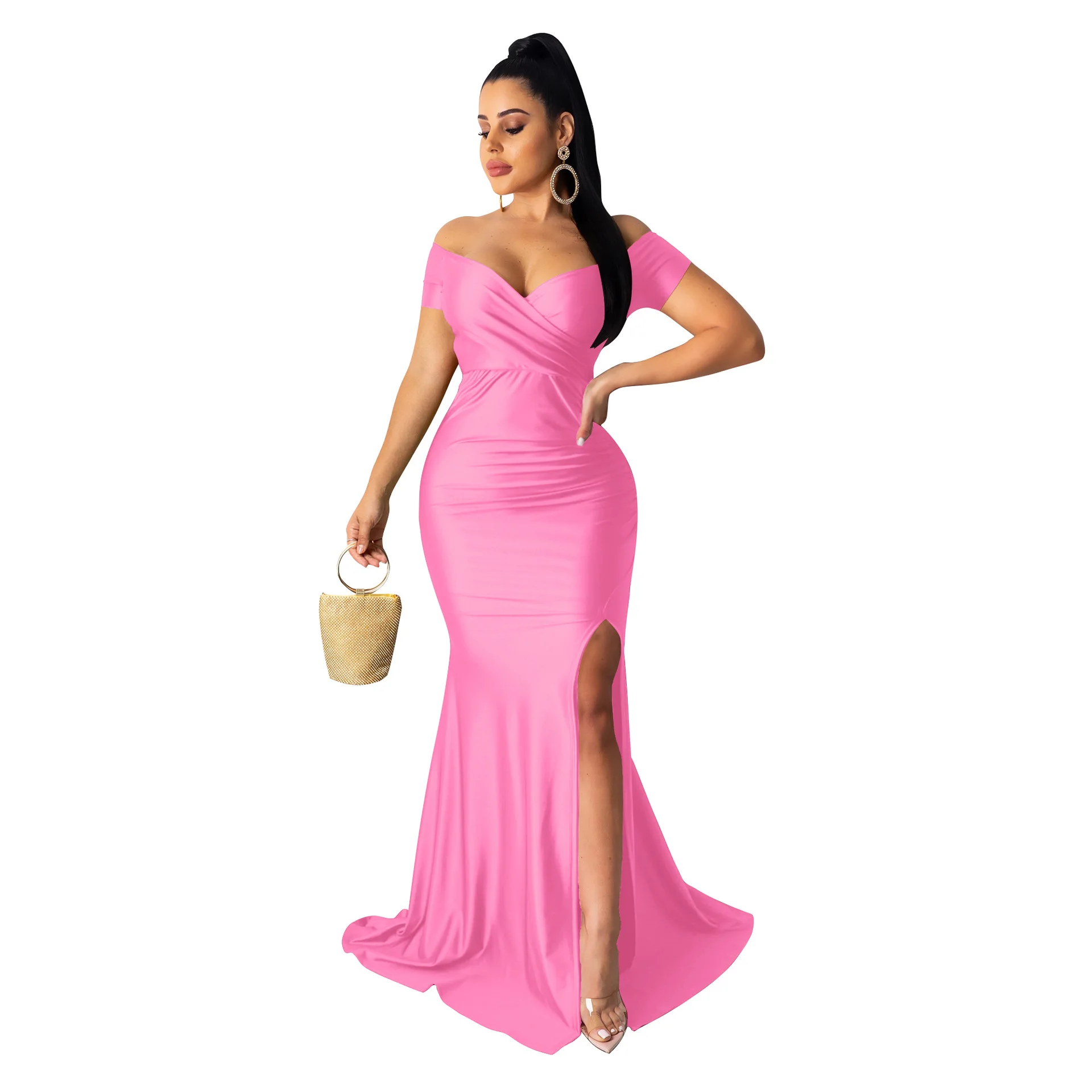 Elegant Party Dresses for Women 2024 Luxury Designer Off Shoulder Evening Dress Mermaid V-Neck Pleated Backless Long Dress Maxi