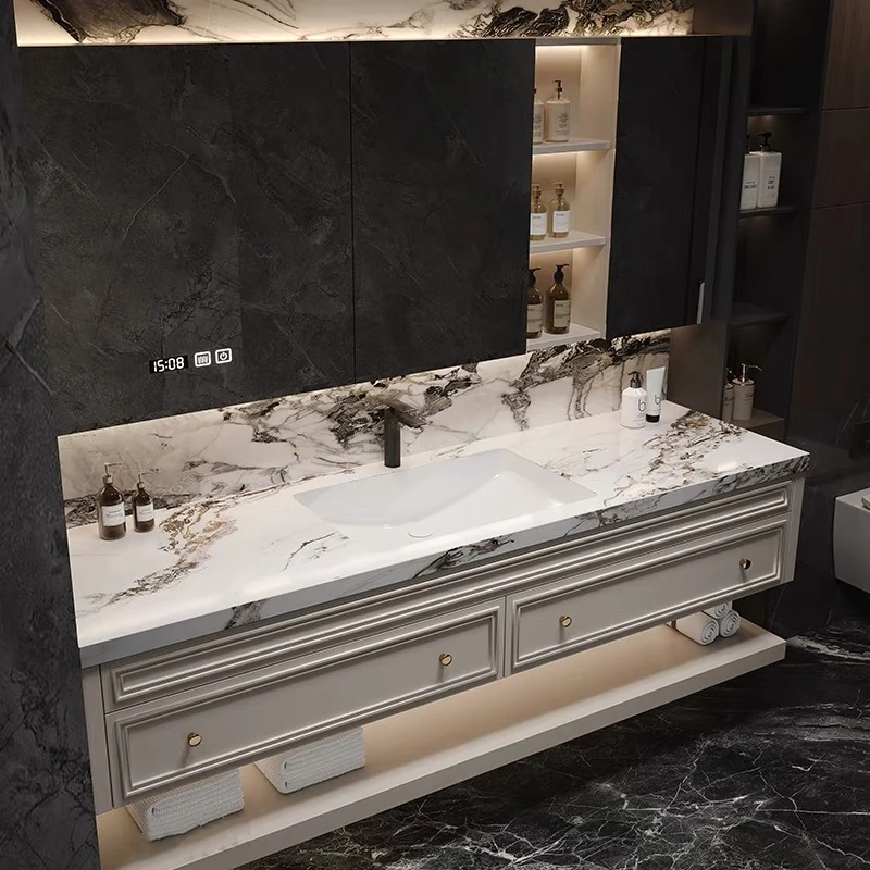 

French-Style Seamless Integrated Double Basin Oak Bathroom Vanity Unit with Washbasin And Sink for Enhanced Bathroom Elegance