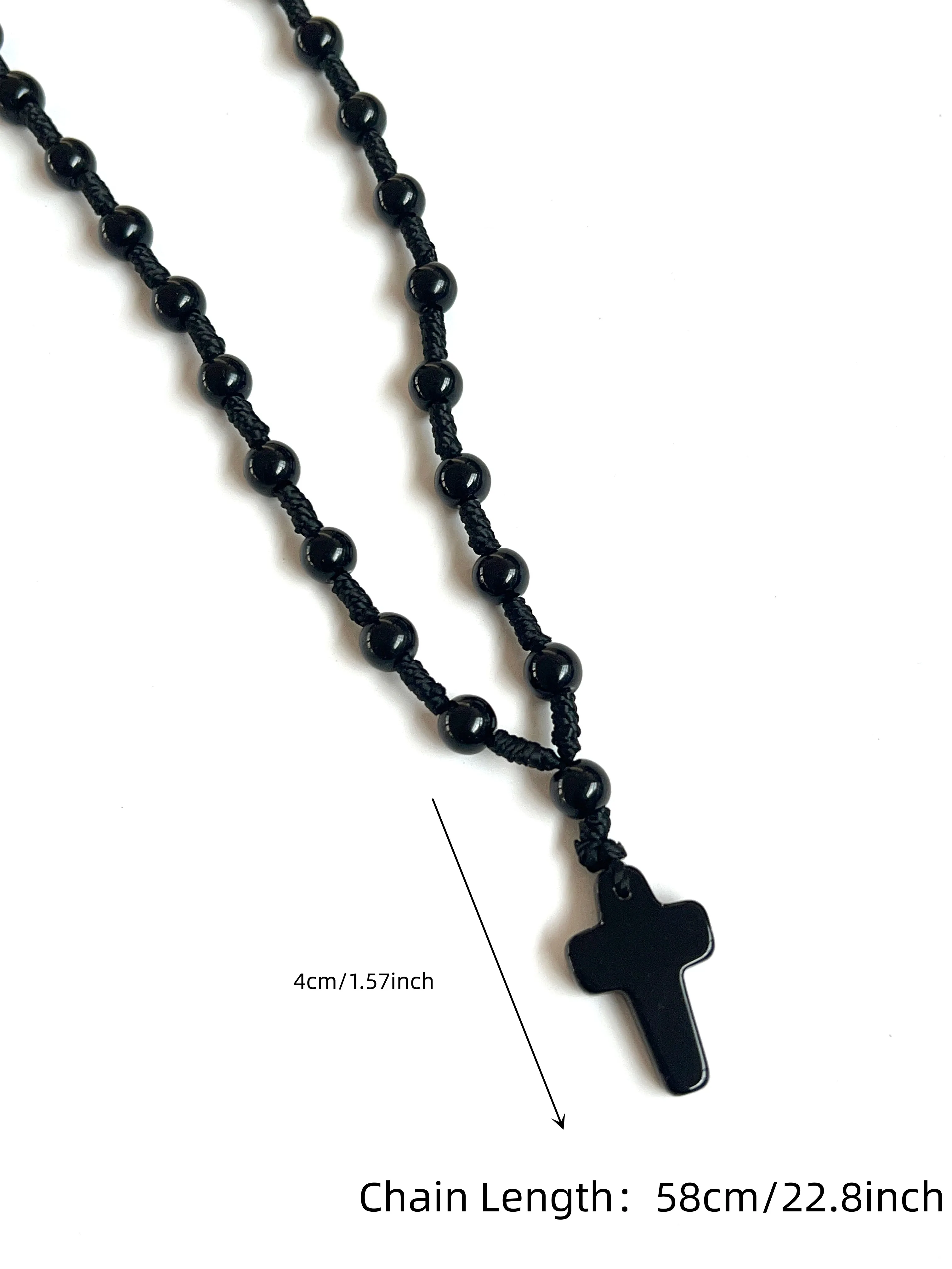 Black Glass Round Beads Crystal Long Braided Cross Pendant Necklace for Women Men