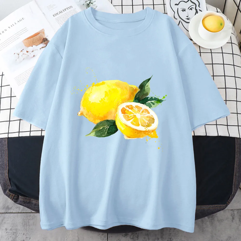 

Fruit Pomegranate Women Clothing Harajuku Cartoon Lemon Print White T-shirt Trend O-neck Ladies Comfortable Casual Plus Size Top