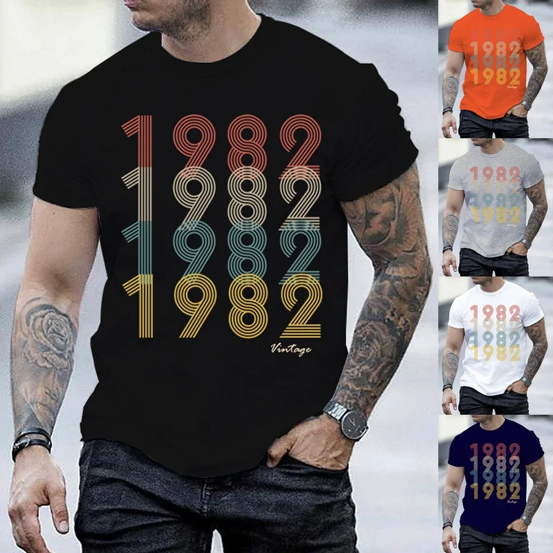 

Vintage 1982 Print T-shirt Men Fashion Short Sleeve Round Neck Tshirt Cool Graphic Print Shirts