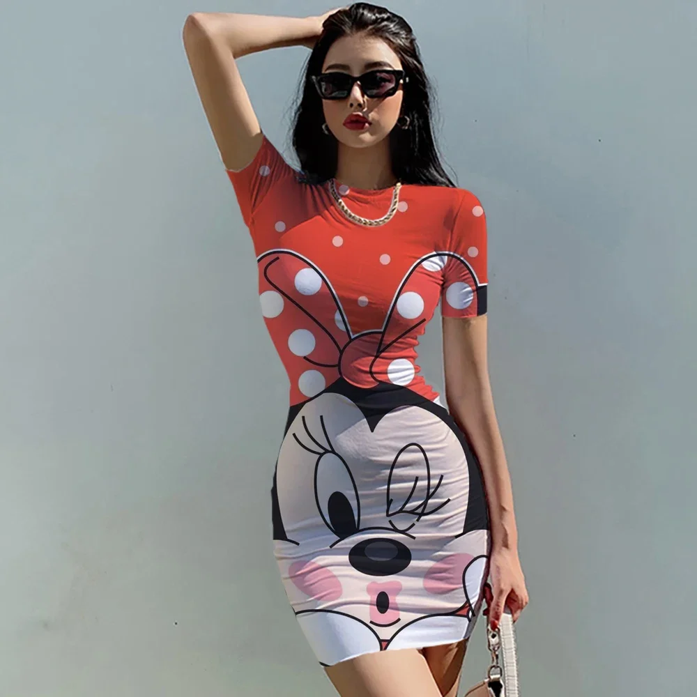 Disney Minnie Mickey Mouse Women\'s Summer Mini Party Dress 2022 Slim Hip Sexy Tight Y2K Short Sleeve Round neck Dresses Clothes