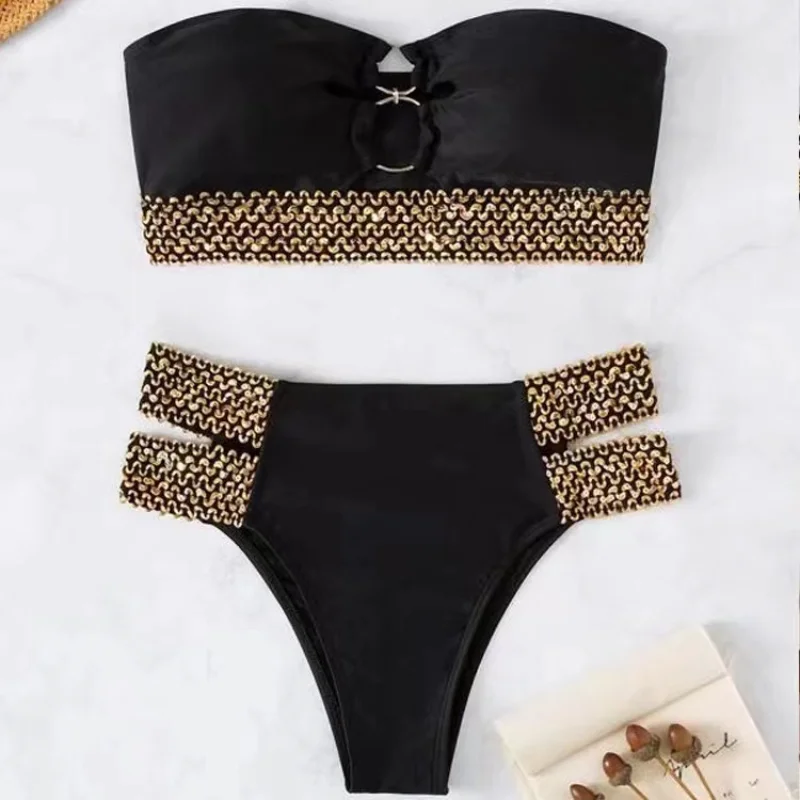 2023 Sexy Strapless Bikini Bandeau Swimwear Mulheres Swimsuit Feminino Flash Belt Biquíni Set Duas Peças Maiô Beachwear Banhista