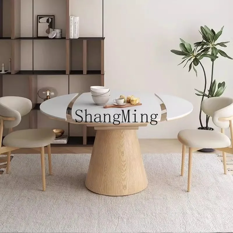 

SM cream wind solid wood rock slab dining table retractable folding round dining table dual-purpose household small apartment