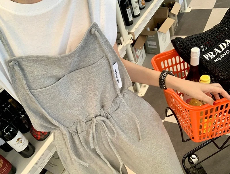 จั๊มพ์สูทขายาวทรงขาบานสไตล์เรโทรสำหรับผู้หญิง เอวผูกเชือก ผ้าฝ้าย ทรงหลวม สไตล์เกาหลี เอวสูง ขายาว