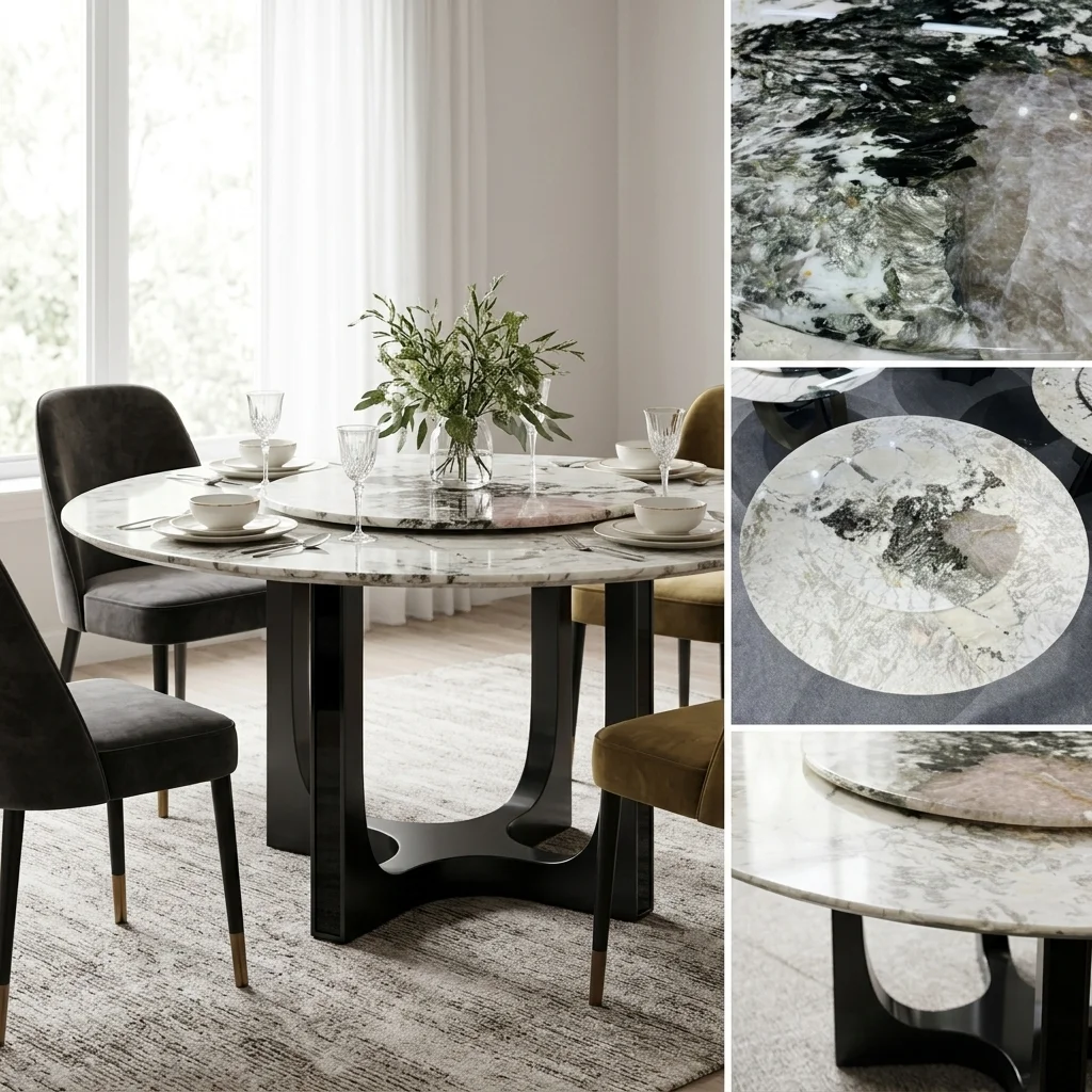 Wholesale Natural Pandora Crystal White Marble Round Dining Table with Rotating Tray, Luxurious Modern Living Room Furniture