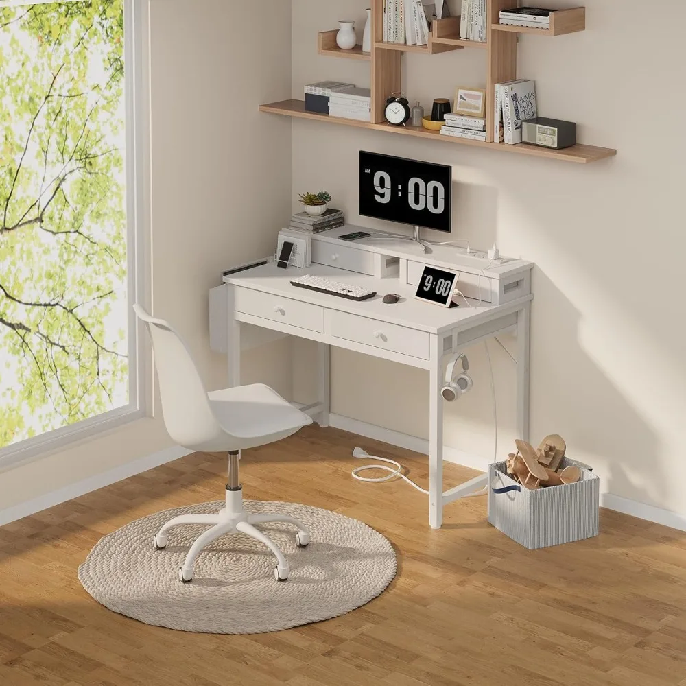 

A Small White Desk with Fabric Drawers for Campus Use, 32 Inches with Power Socket and Monitor Stand, White Computer Desk