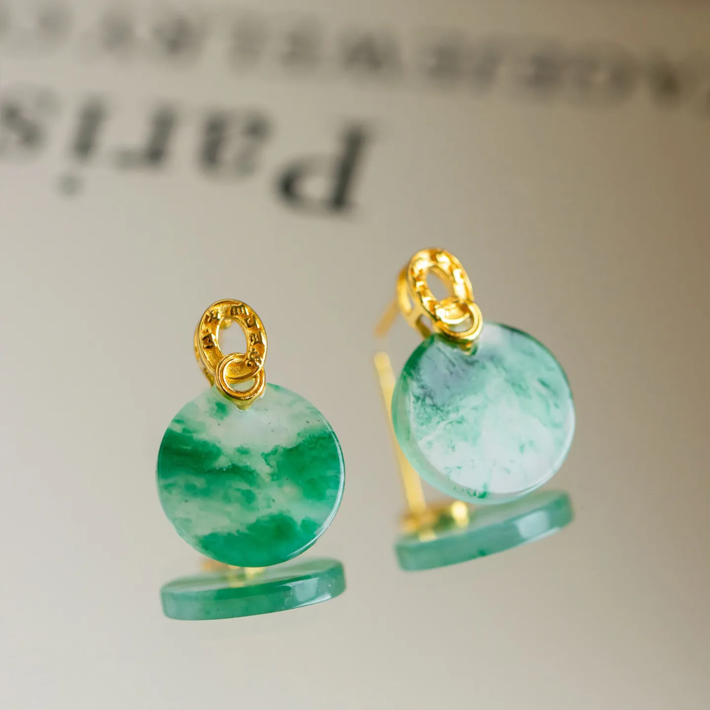 Natural Floating Flower Jadeite Round Drop Earrings S925 Gold Plated Silver Chinese Style Jade Dainty Women Ear Jewelry