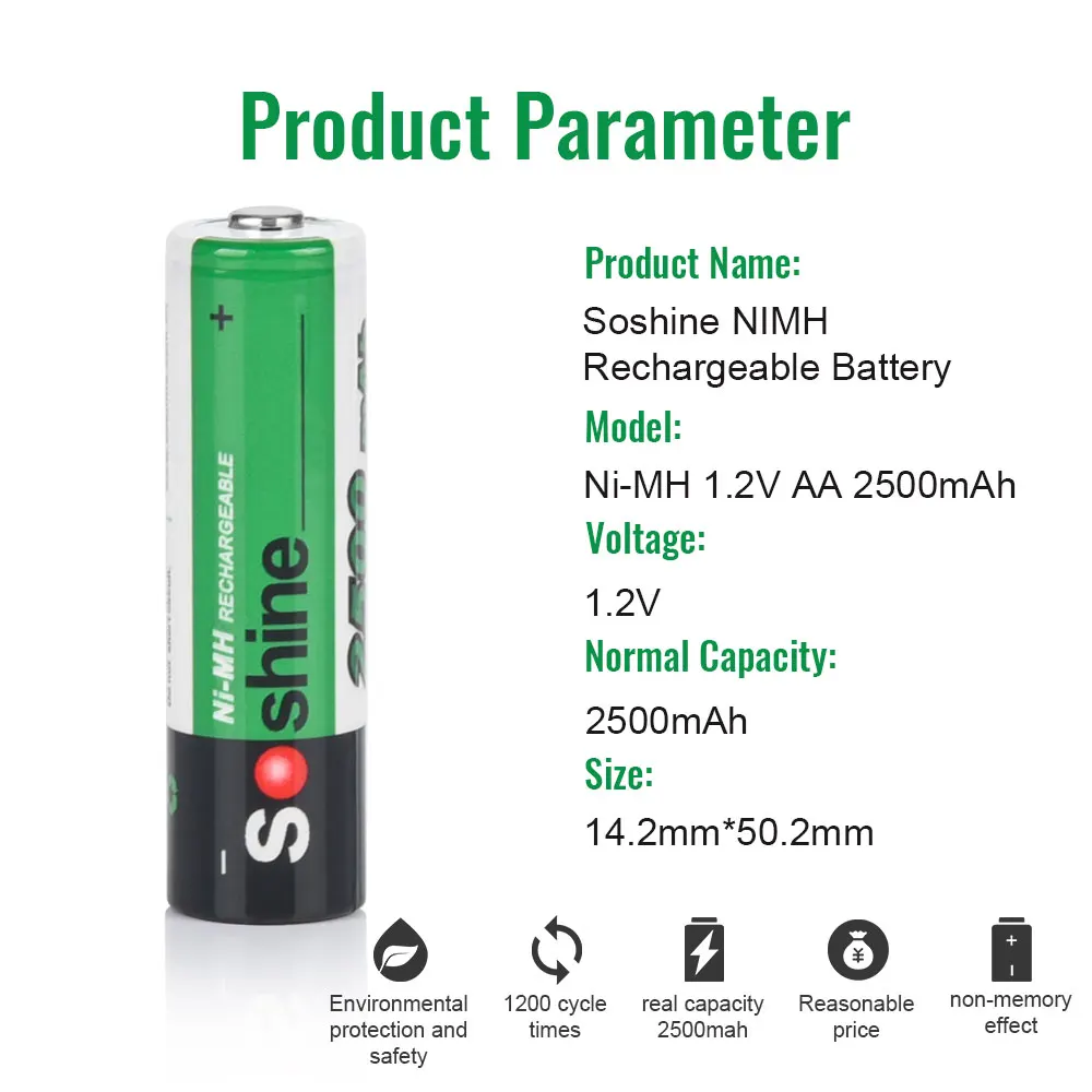 Soshine 4/8/10/12PCS 1.2V AA 2500mAh Ni-MH Rechargeable Battery 2A Ni-mh for Temperature Gun Mouse Toy Digital Camera Batteries