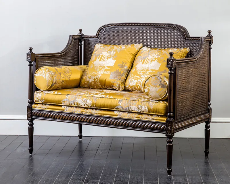 Luxury Antique Tropical South East Asia Yellow Pillows and Brown Wooden Rattan Sofa Chair Home and Room Furniture Vents