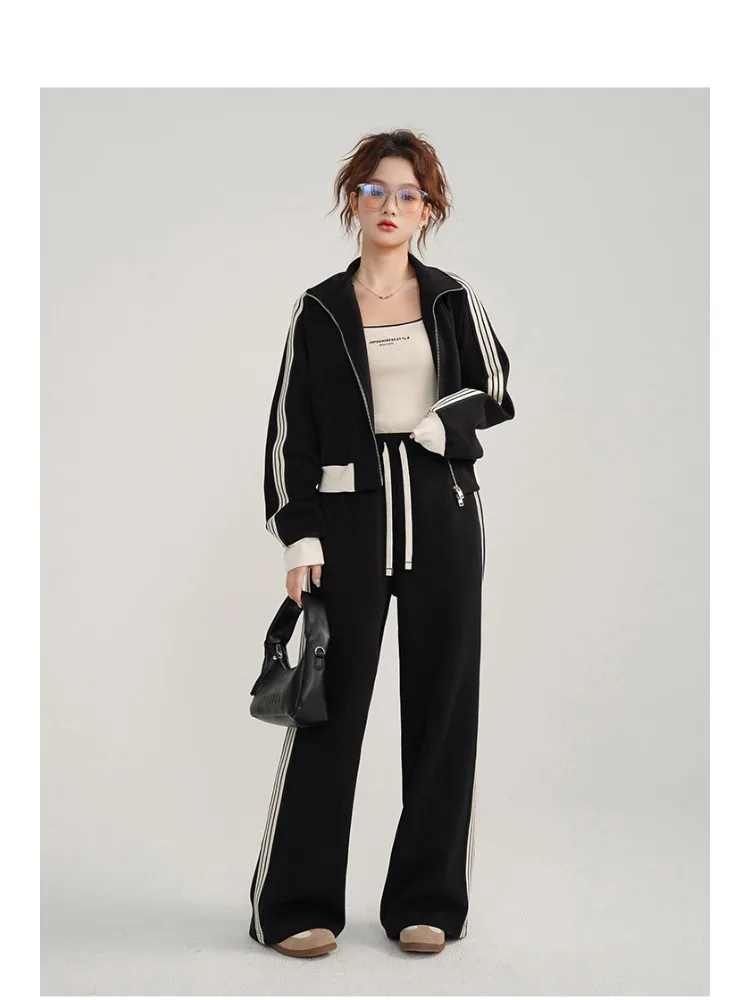 Vintage Sportliche Casual Schwarz Weiß Kontrast Zip Jacke Frühling Herbst Slim Fit Gestreiften Track Top Mode Sportliche Oberbekleidung Frauen