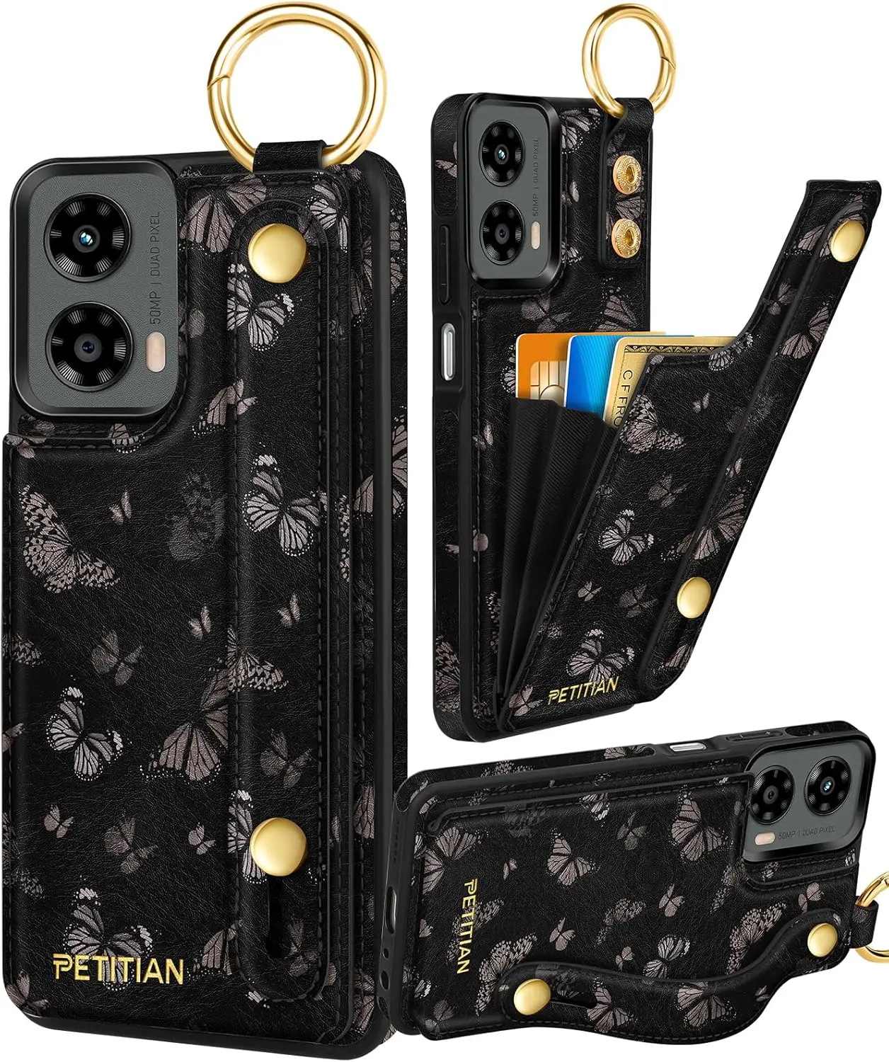 

Cute Leather Wallet Case for Moto G 5G 2024 with Card Holder and Wristband, Black Butterfly Design