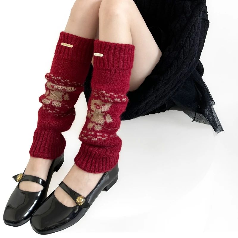 

Autumn and Winter Leg Warmers Cute Cartoon Bear Wool Leg Cover Women Thickened Warm Knitted Foot Cover Knee Socks Christmas Gift