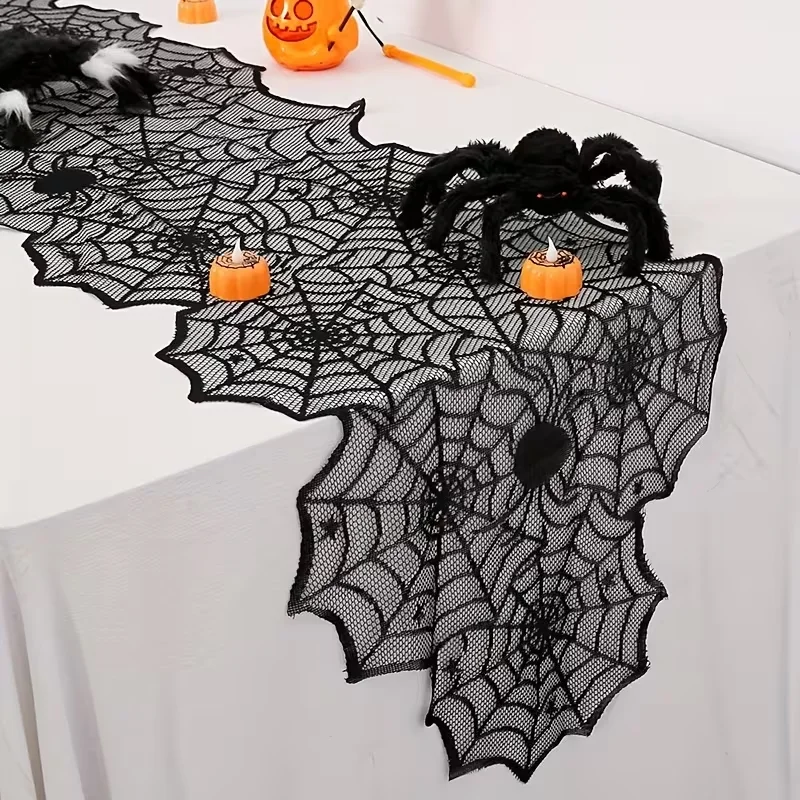 2-Piece Halloween Black Lace Spider Web Table Flags - Dark Spider-Themed Elements for a Spooky Halloween Party Atmosphere and Ta