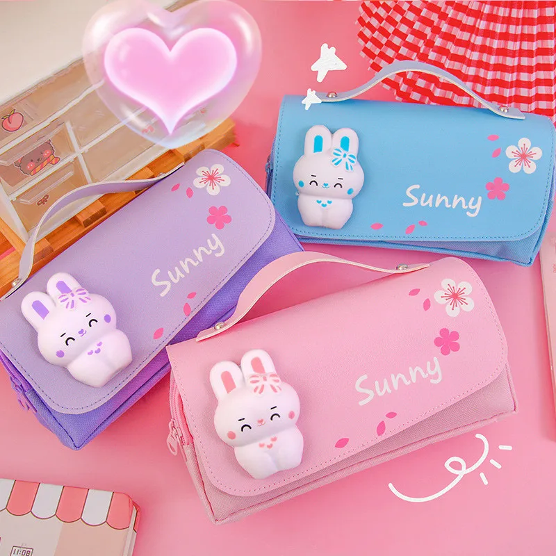 Unzip portable cute pencil case School supplies storage bag Soft pendant student pencil bag Girls handbag Children pen case gift