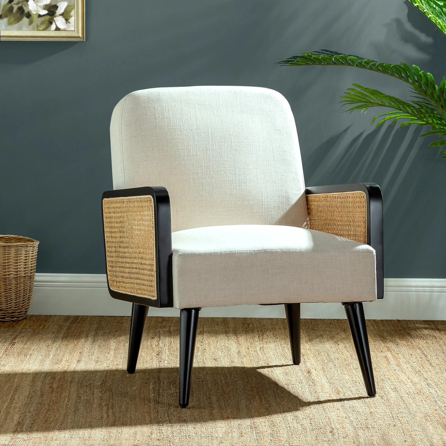 Mid Century Modern Accent Chair, Upholstered Chairs with Bamboo Knitting and Solid Wood Legs, Comfy Linen Fabric Armchair