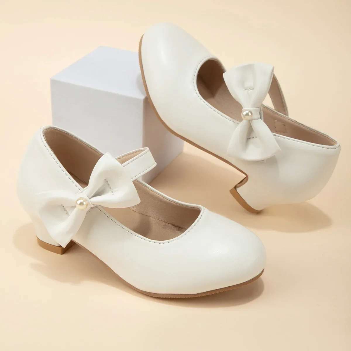 Children's Bowknot Wedding Party Princess Shoes Big Kids White Gold Dance Dress Shoes Small Square Heel Children's Shoes