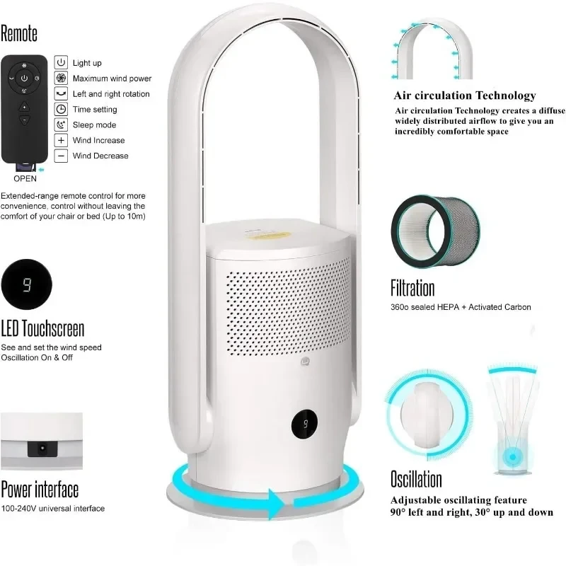 Bladeless Tower Fan with Air Purifier 90° Oscillating Tower Fan Remote Control Touch 8H Timer 9 Speeds Powerful Floor Fan