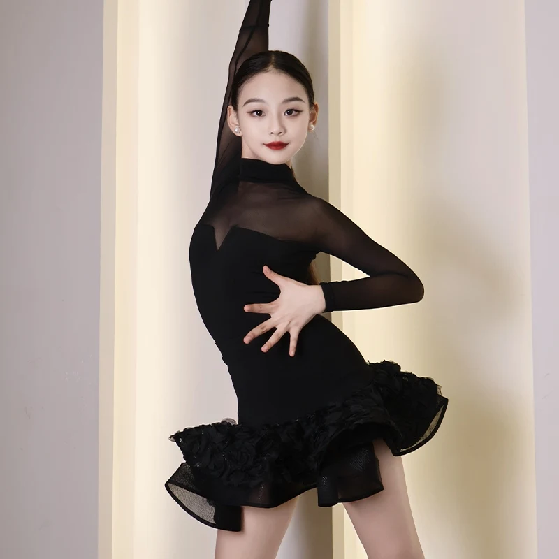 Meisjes Zwarte Latin Dans Jurk Mesh Lange Mouwen Visgraat Jurk Prestaties Danskostuum Rumba Cha Cha Oefenjurk DNV25424