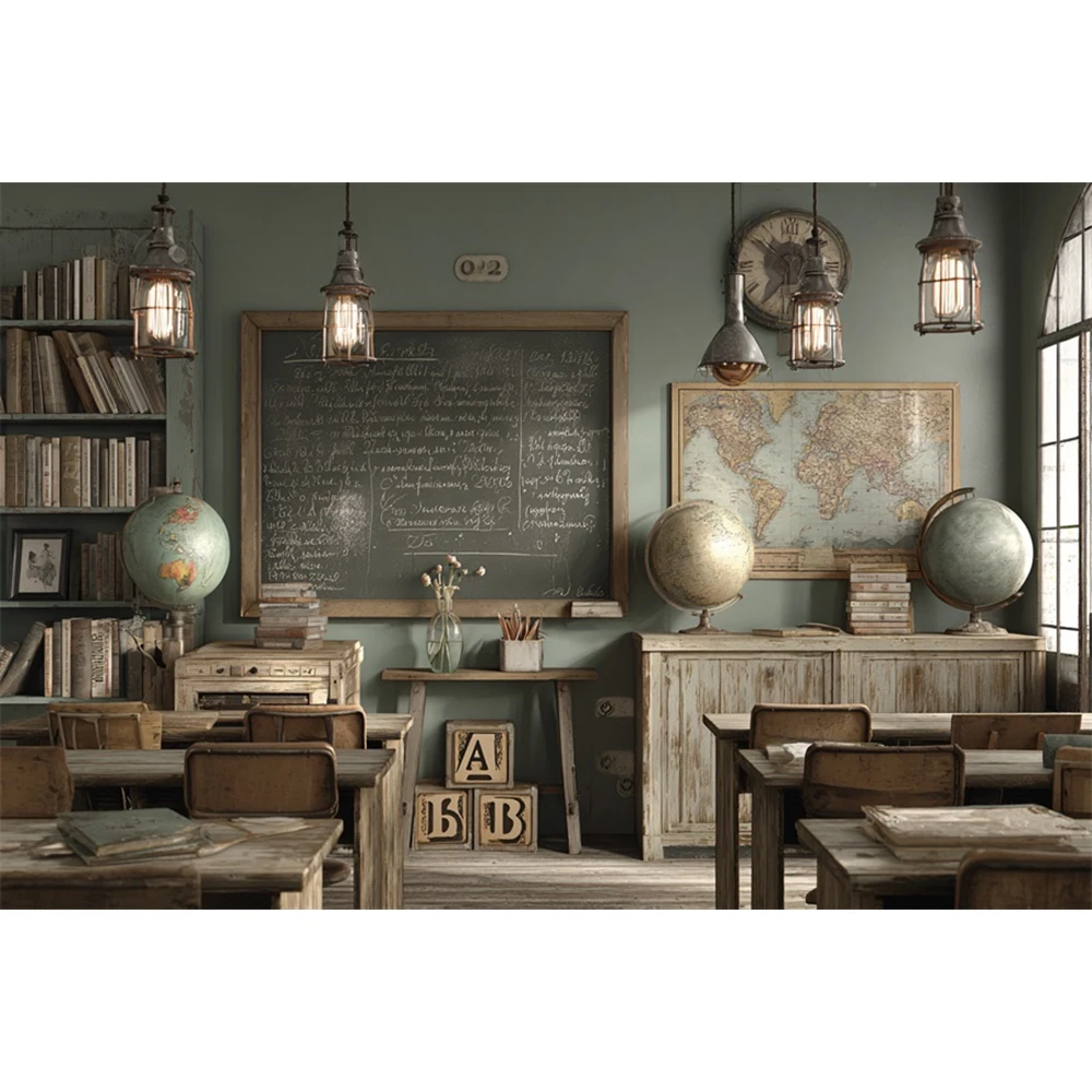 Photography Background Back To School Vintage Classroom Blackboard Globes ABC Blocks Kids Portraits Decors Backdrop Photo Studio